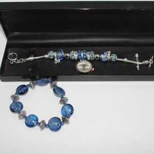 Figaro Couture Quartz Watch Bracelet And Matching Stretch Bracelet Blue/Silver🌻